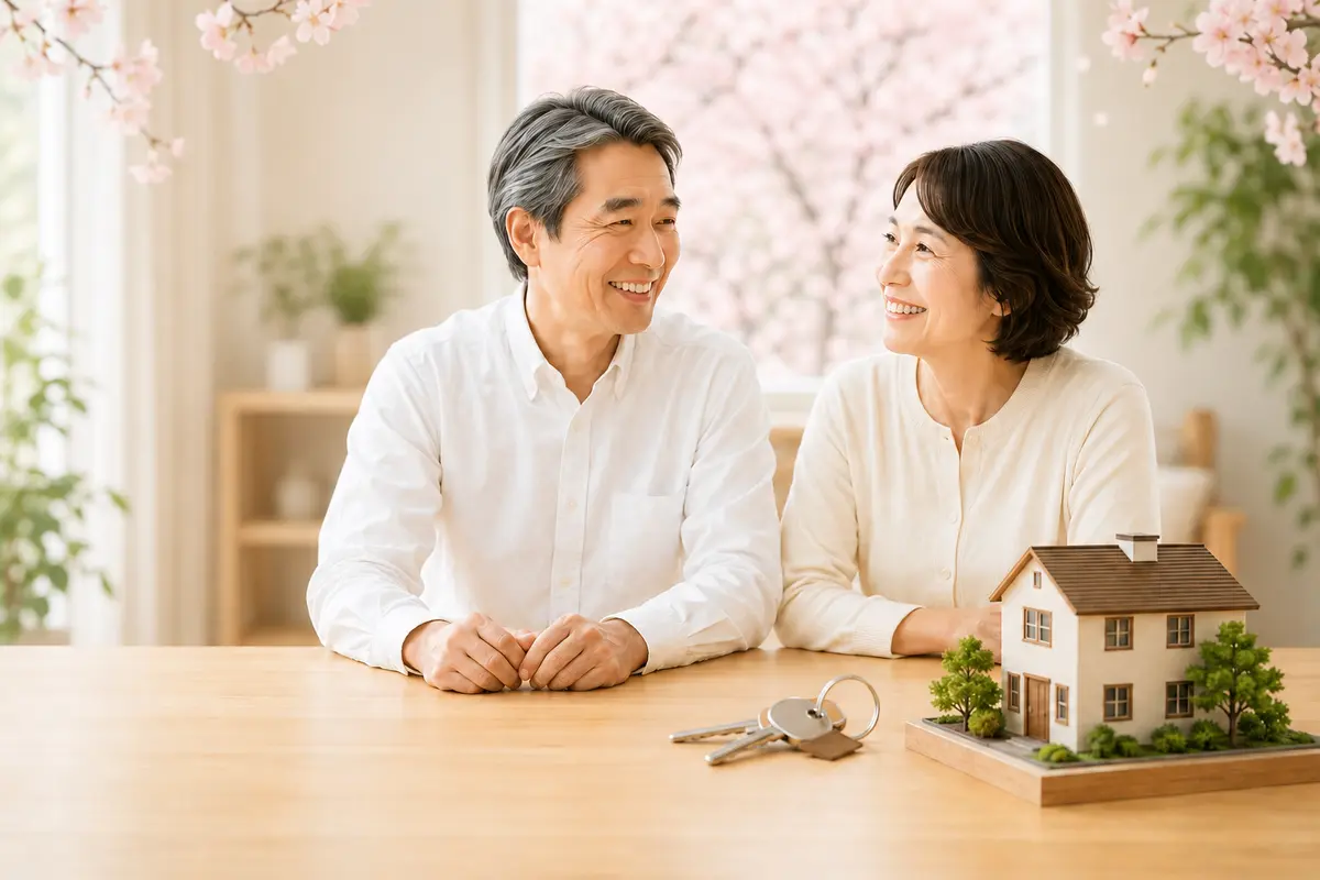 桜の咲く春の相談室で家の模型を前に話すご夫婦