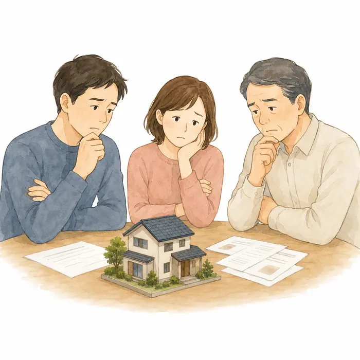 相続した不動産について話し合う家族のイラスト