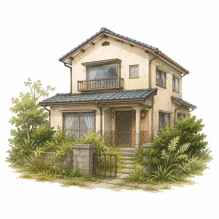 草木が伸びて管理に困っている空き家のイラスト